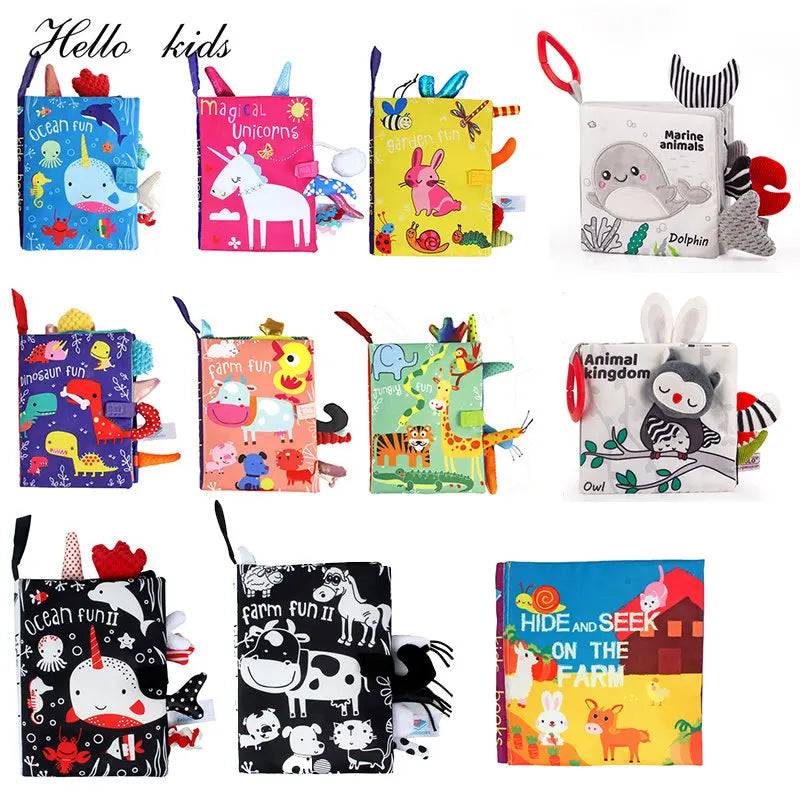 Collection of colorful children's cloth books featuring various themes like animals, unicorns, and farm life, each with playful illustrations and tactile elements.