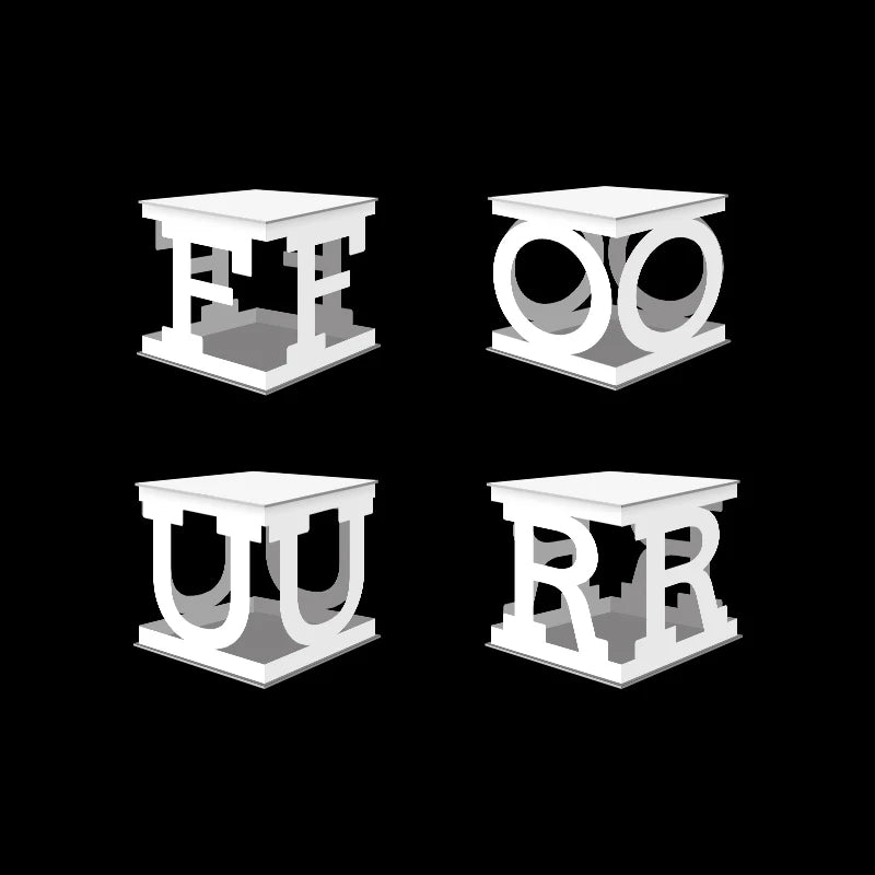 Four 3D cubes with cut-out letters on a black background. The letters spell "FOUR" with each cube showing one pair of the letters: FF, OO, UU, RR.