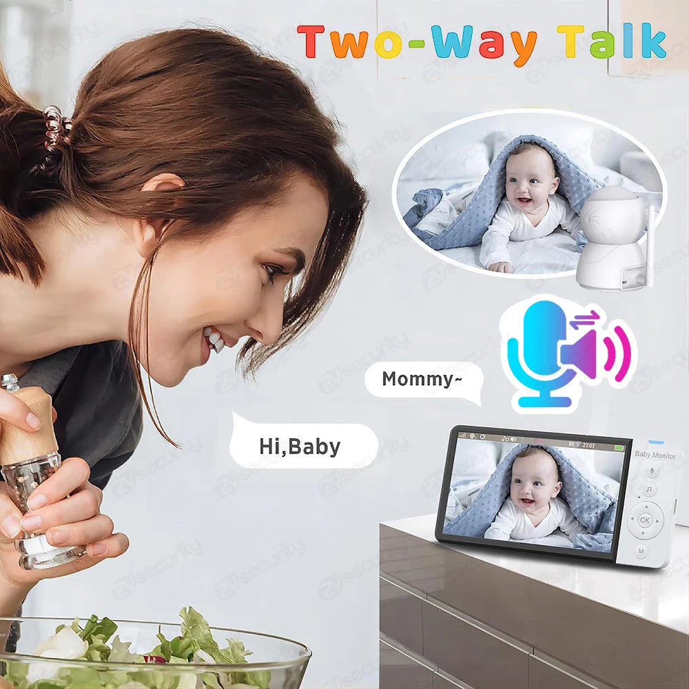 Woman smiling at a baby monitor displaying a baby. Text bubbles show the woman saying "Hi, Baby" and the baby replying "Mommy." The words “Two-Way Talk” are at the top.