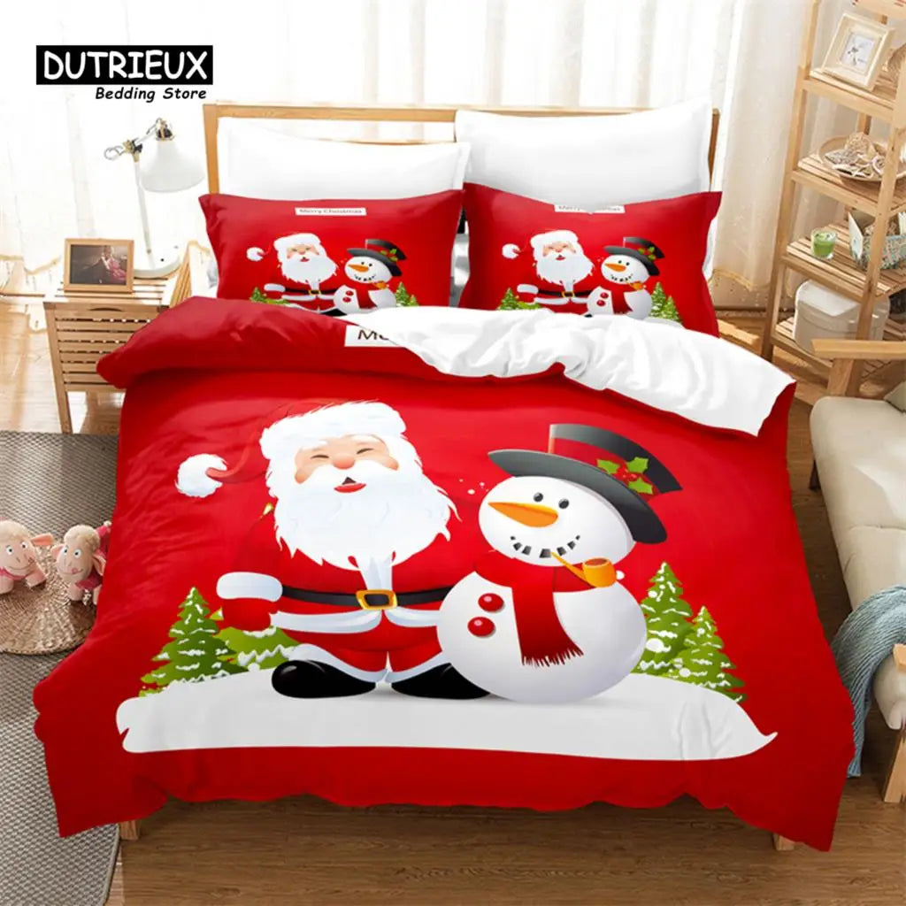 Festive bedding set featuring Santa and a snowman on a red background with green trees. The bed is neatly arranged in a cozy room with light wooden furniture.