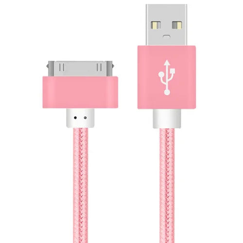 Pink braided cable with a USB connector on one end and a 30-pin connector on the other. The USB end displays a white USB symbol. Both ends have pink casings.