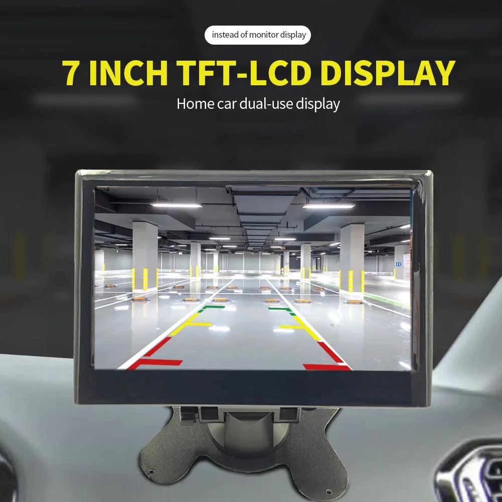 7-inch TFT-LCD display showing a parking garage with color-coded lines, highlighting dual-use for home and car. Background text reads "7 Inch TFT-LCD Display, Home car dual-use display."