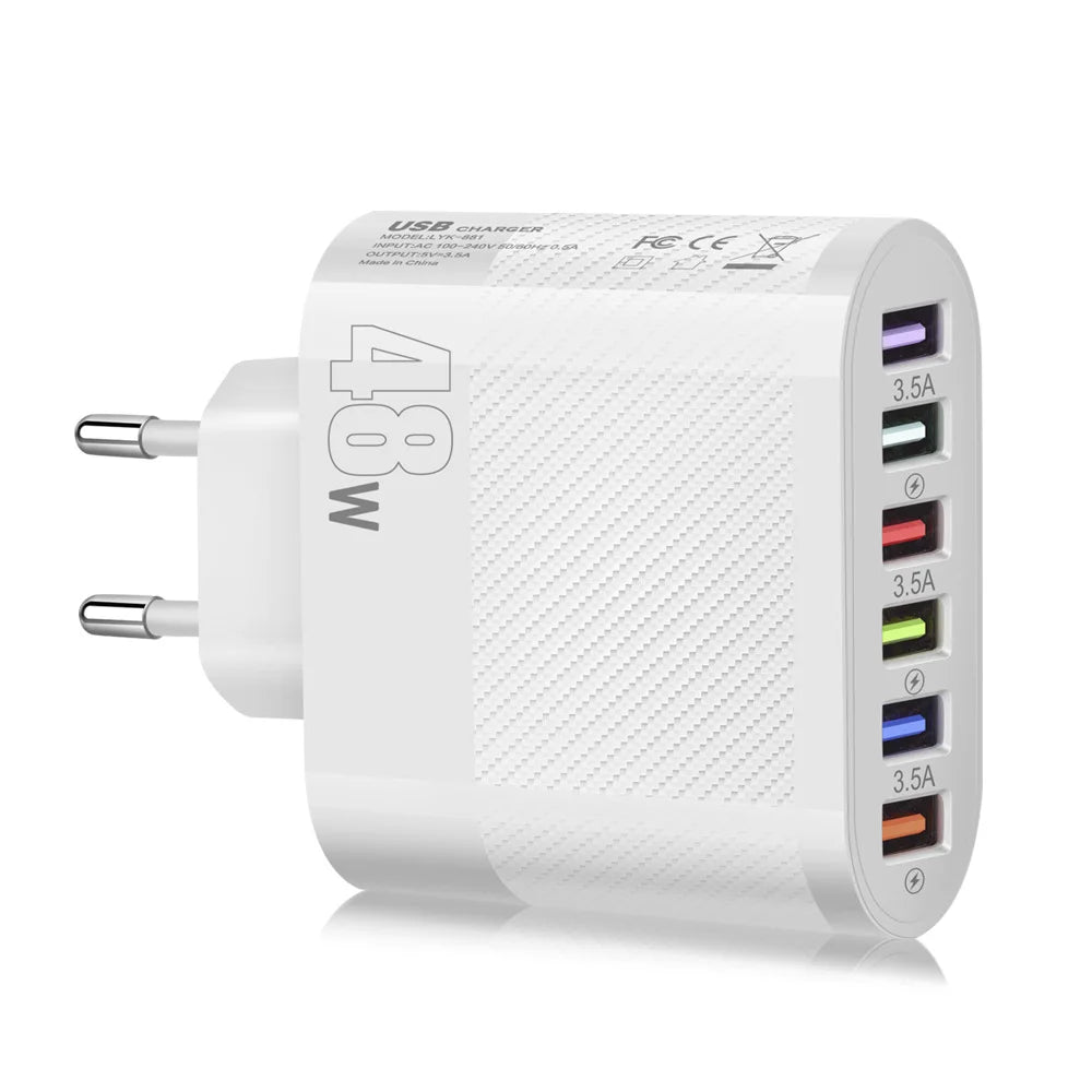 White 48W USB charger with five color-coded ports, each labeled 3.5A, and two metal prongs. The top features specifications and certification logos.