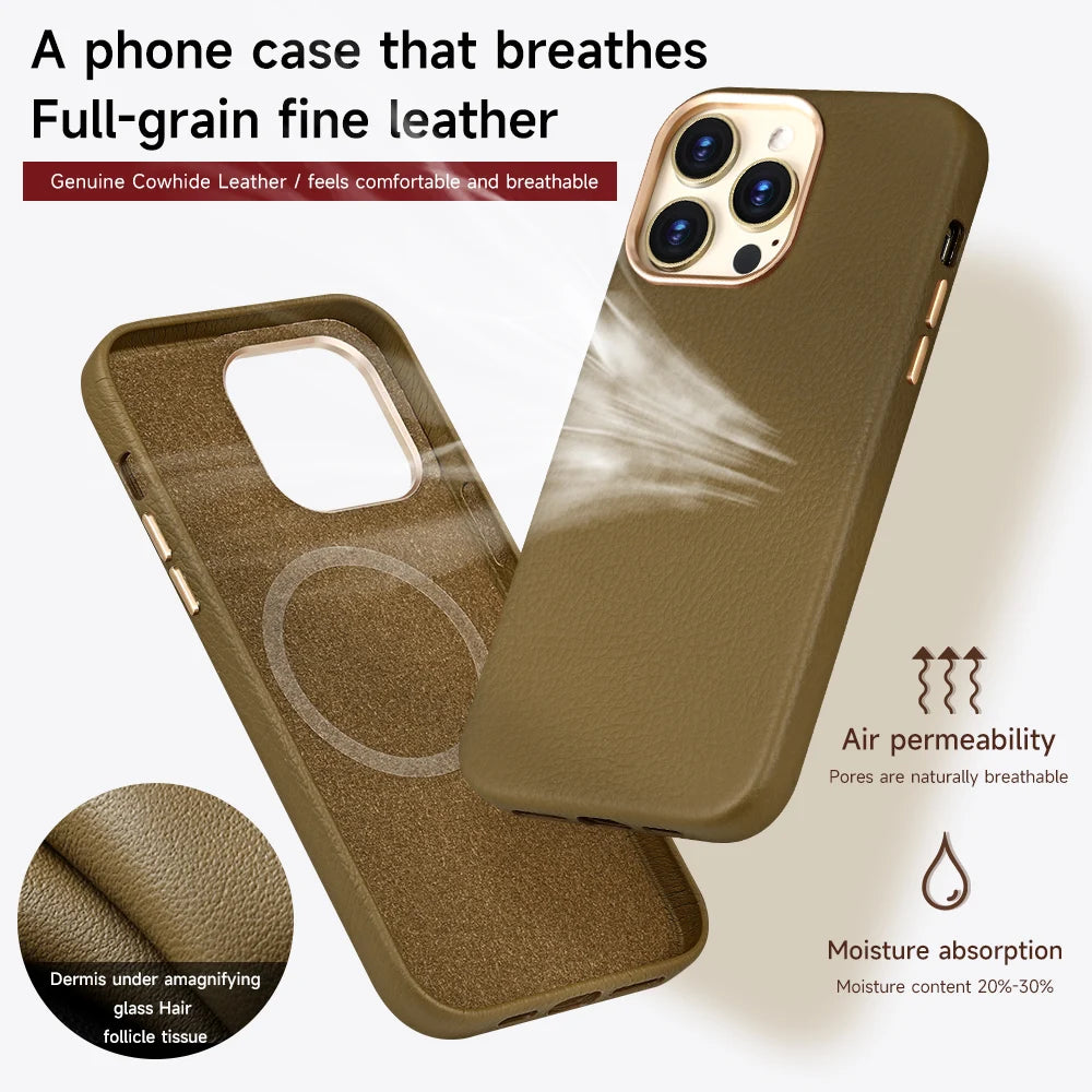 Brown leather phone case with air permeability and moisture absorption features. Text highlights full-grain leather, comfort, and breathability. Close-up shows leather texture.