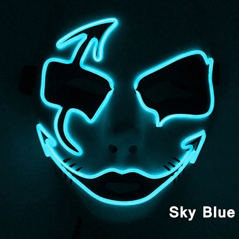 Glowing mask with neon blue outline, featuring sharp eyes, abstract shapes, and a wide, stylized grin. Text reads "Sky Blue" in the lower right corner. Dark background.