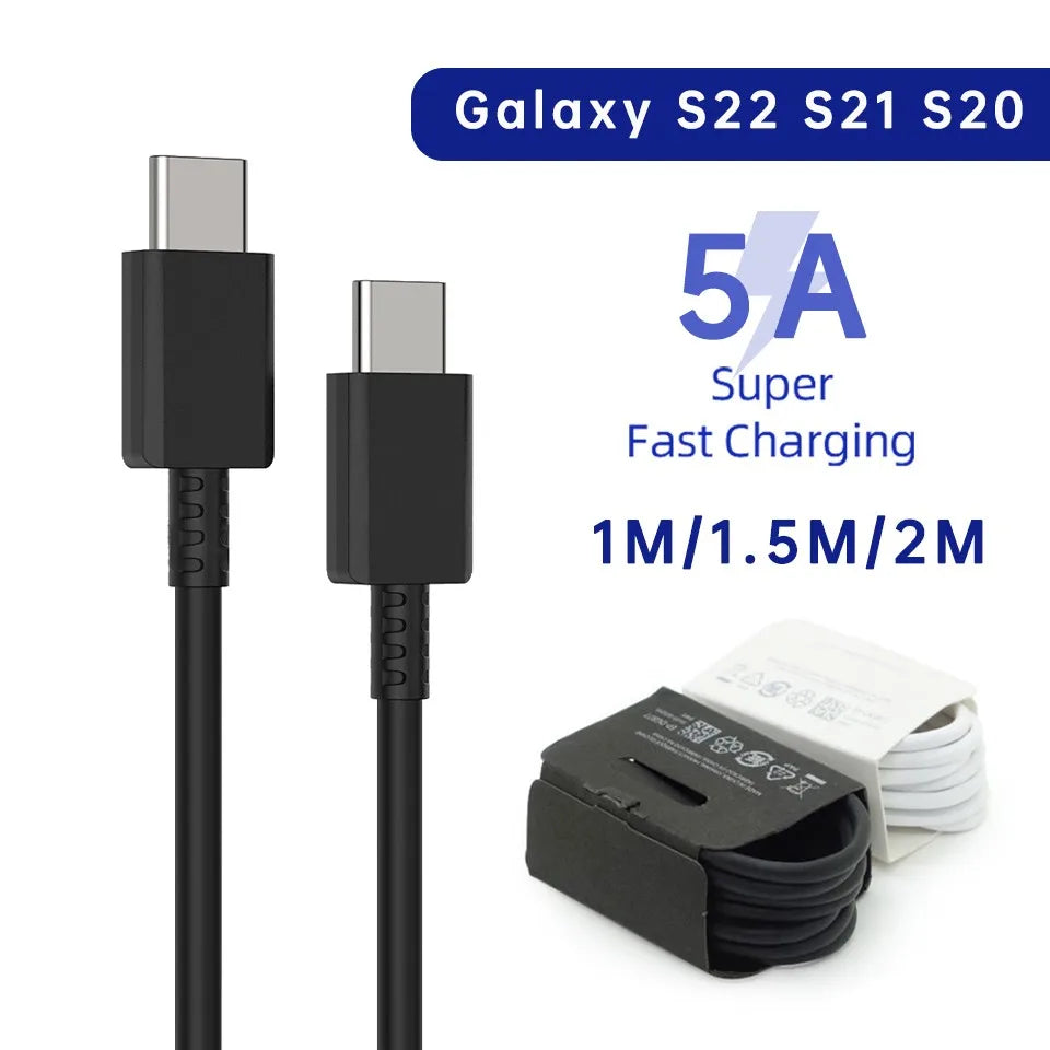 Two black USB-C cables for Galaxy S22, S21, S20 with 5A super-fast charging. Length options: 1M, 1.5M, 2M. Coiled black and white cables shown with packaging.