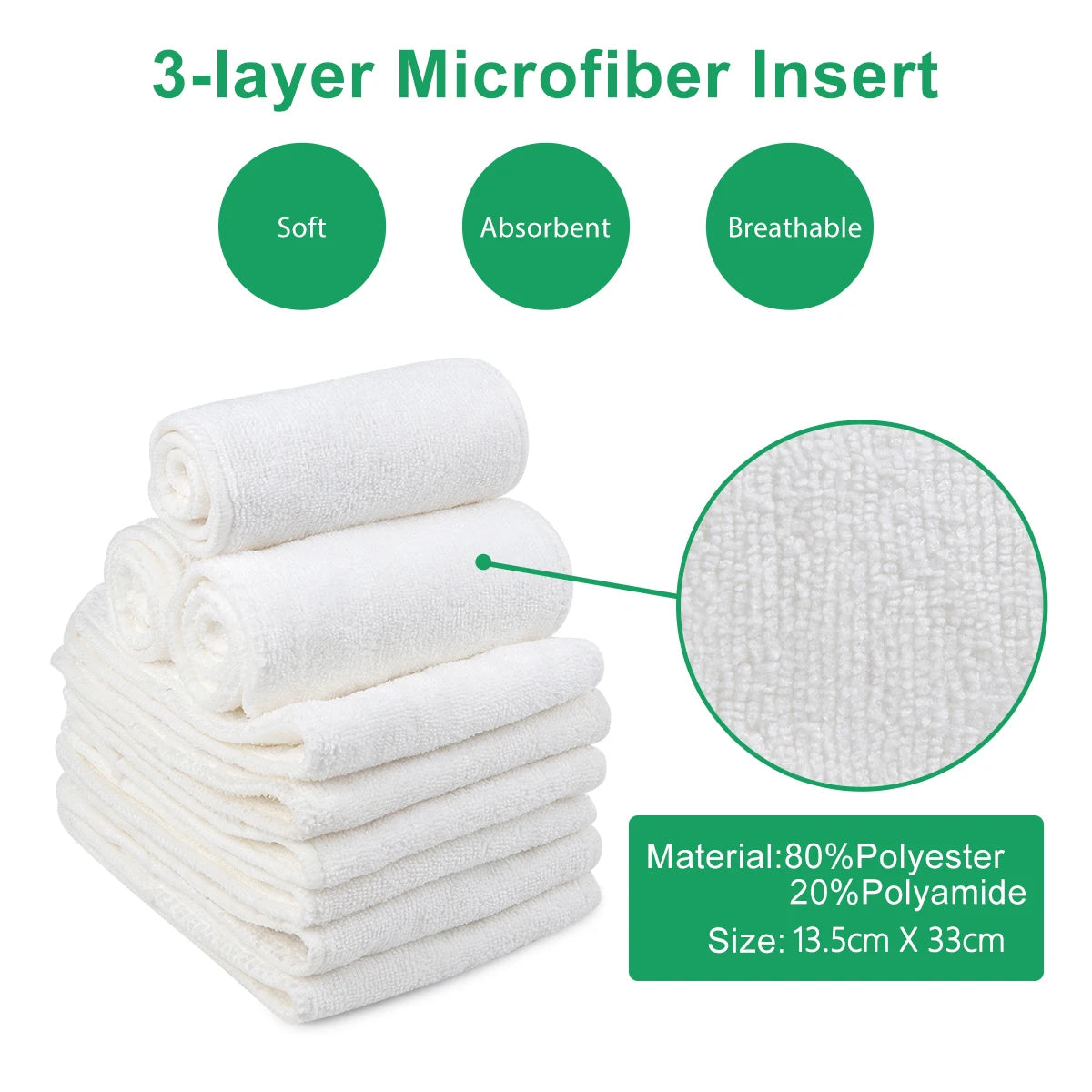 Stack of folded white 3-layer microfiber inserts, described as soft, absorbent, and breathable. Made of 80% polyester, 20% polyamide, measuring 13.5cm x 33cm. Close-up texture shown.