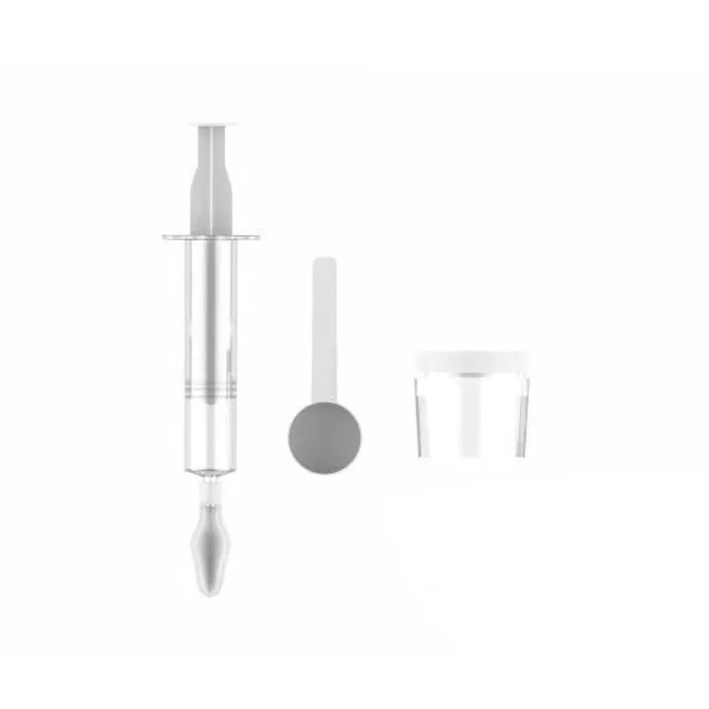 A clear syringe, plastic spoon, and small cup are arranged on a plain white background, showcasing tools often used in medical or laboratory settings.