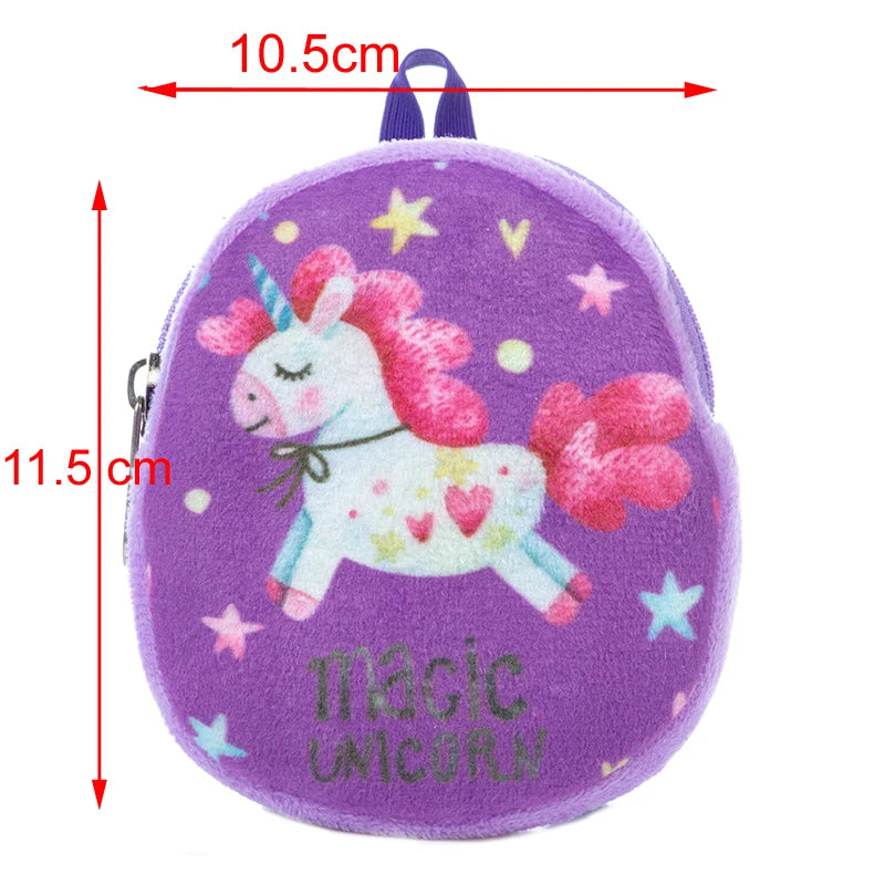 Purple plush pouch with a colorful unicorn and stars design. "Magic Unicorn" text on the front. Dimensions: 10.5 cm wide, 11.5 cm tall. Ideal for storing small items.