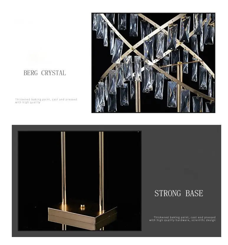 Luxurious chandelier detail with berg crystal prisms and a strong gold-toned base, highlighting its thickened baking paint and quality construction.