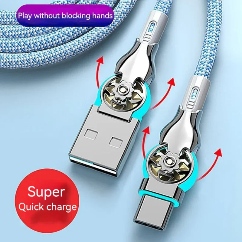 Two braided charging cables with 360-degree rotating connectors are shown. The image highlights features like "Play without blocking hands" and "Super Quick charge."