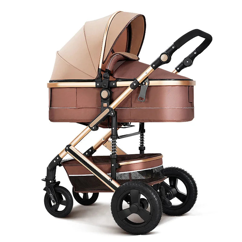 A stylish brown and beige baby stroller with a canopy, adjustable black handle, and large black wheels, featuring a mesh storage basket underneath.