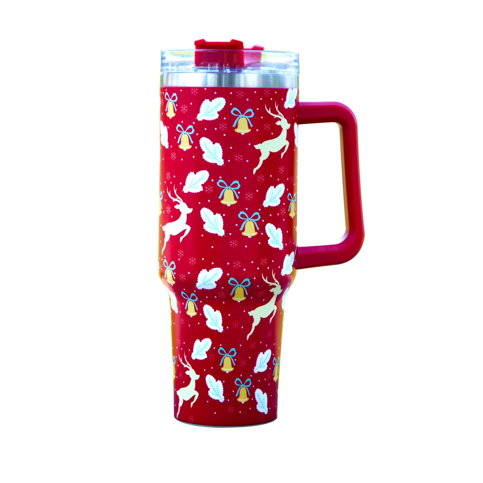 Red travel mug with festive designs of white reindeer, gold bells with blue ribbons, and green holly leaves. The cup has a large handle and a transparent lid with a red cap.
