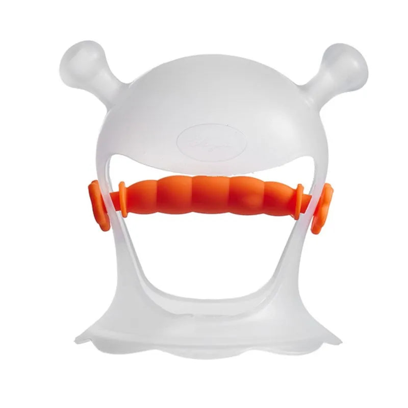 White and orange handheld drum practice pad with two rounded knobs at the top and a flexible, segmented grip.