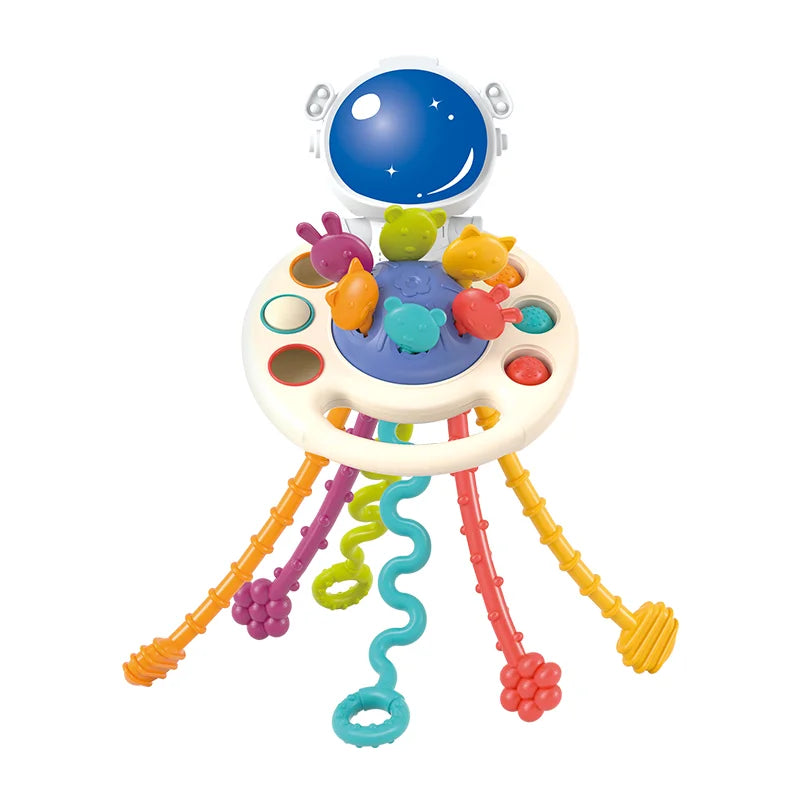 Colorful baby toy with a white circular base, multicolored animal figures on top, and twisting legs below. A blue globe with a smiling face sits at the top center.