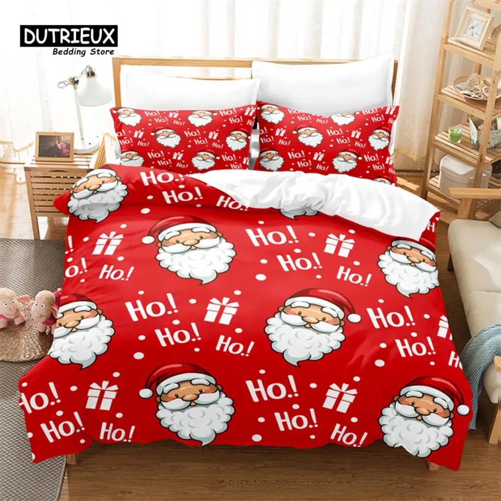 Festive bedding set featuring a red cover with white Santa faces, "Ho! Ho!" text, and gift illustrations. Pillowcases match the theme. Cozy bedroom setting with soft lighting.