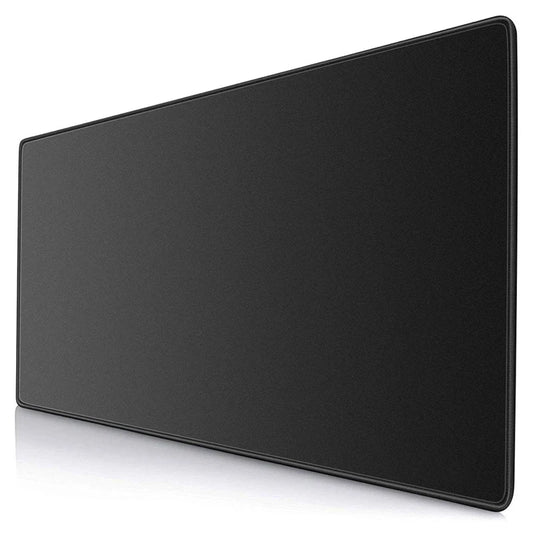 Large black rectangular mouse pad with rounded corners and a stitched edge, standing upright at an angle, against a white background.