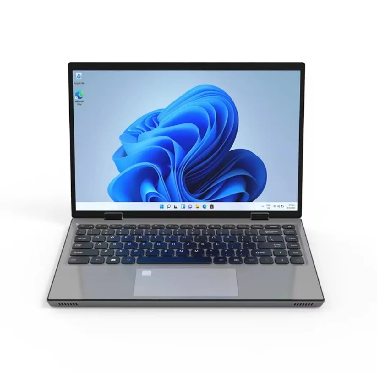 Sleek gray laptop open to display a blue abstract background. Features a black keyboard and a large touchpad, set against a white background.