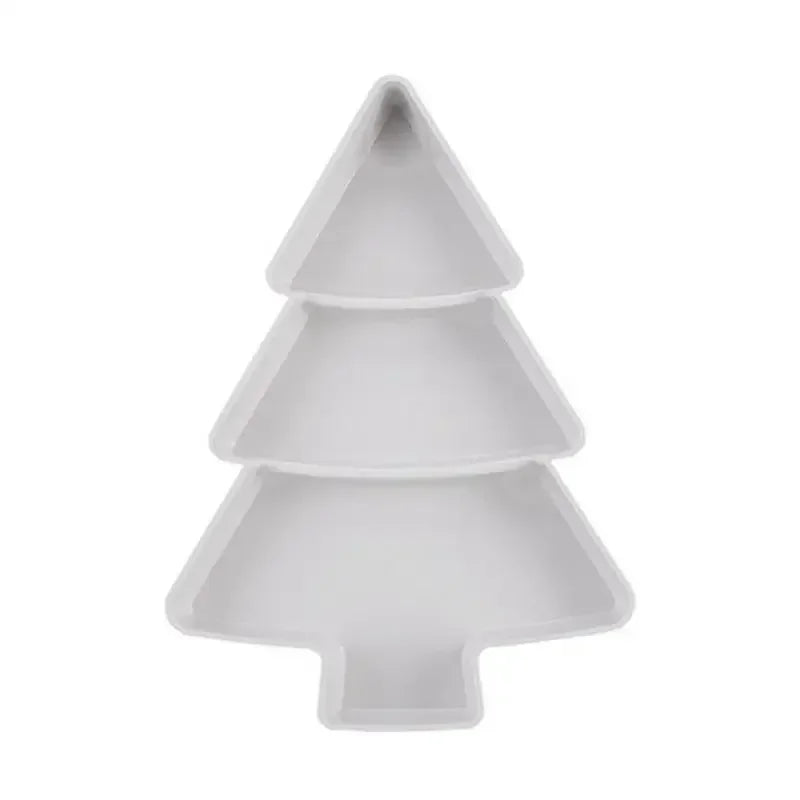 White, tree-shaped serving tray with three tiers, designed to resemble a stylized Christmas tree. Each tier has a triangular section with the largest at the bottom.
