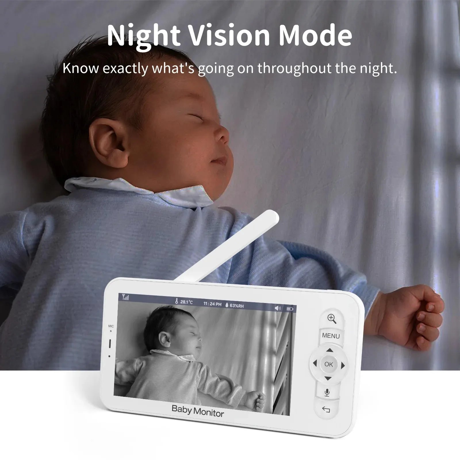 Sleeping baby in blue outfit on a bed with a baby monitor displaying the infant in night vision mode. Text reads, "Night Vision Mode. Know exactly what's going on throughout the night."