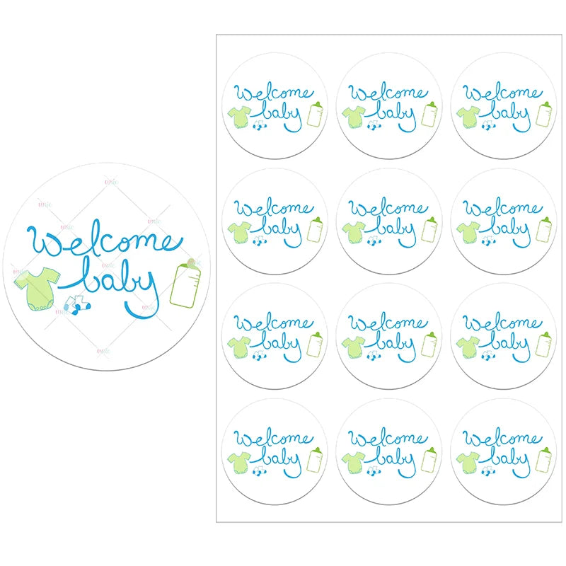 Stickers with "Welcome Baby" in blue script, featuring a green baby shirt, baby bottle, and pacifier. The image shows a single sticker and a sheet with twelve identical stickers.
