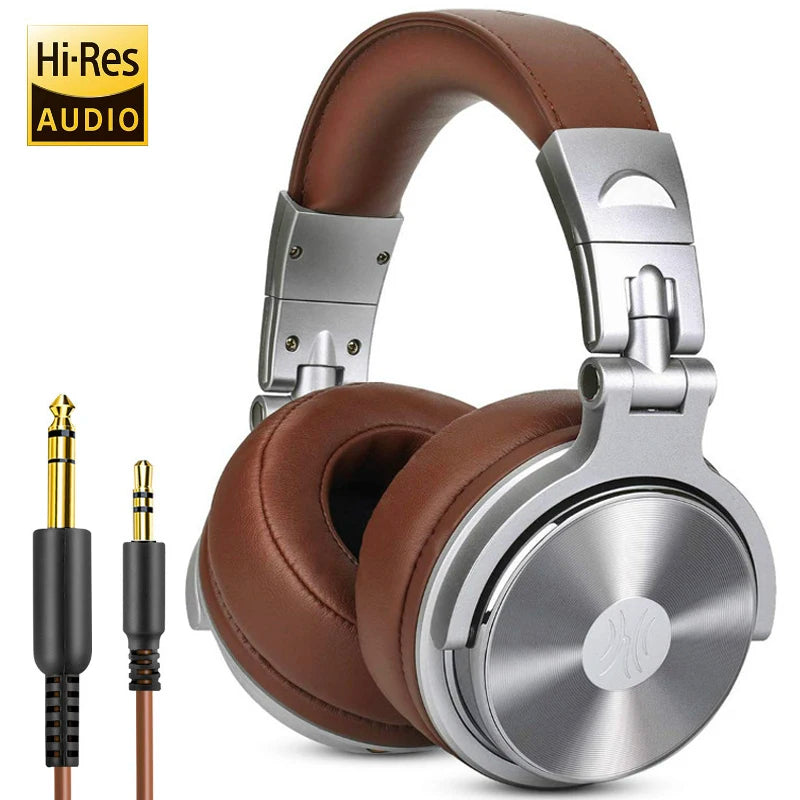 Silver and brown over-ear headphones with cushioned ear pads and adjustable band, shown with two audio cables. A "Hi-Res Audio" logo is displayed in the top left corner.