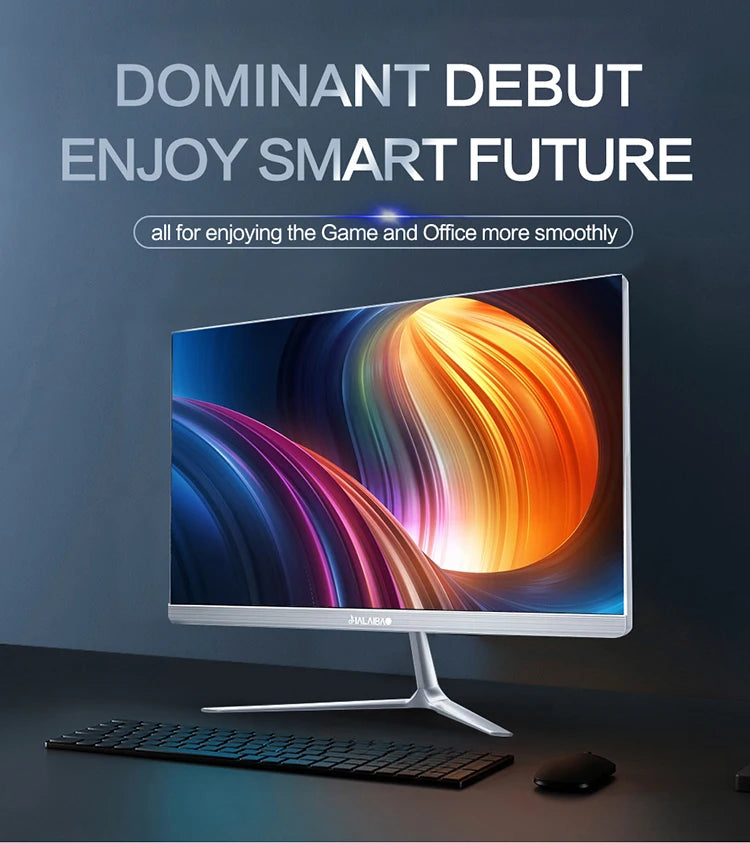 Sleek computer monitor with a vibrant abstract display, accompanied by a keyboard and mouse on a dark desk. The text above reads, "Dominant Debut, Enjoy Smart Future."