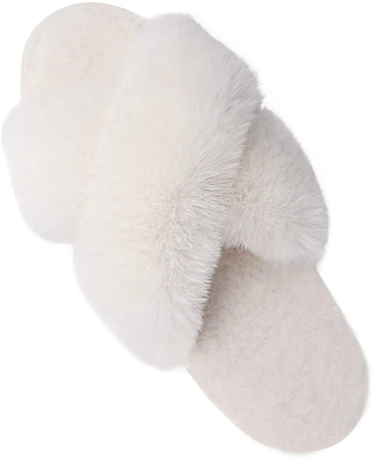 White fluffy slipper with a soft fur-like cross band and a cushioned sole, providing a cozy and luxurious feel. Ideal for indoor lounging and relaxation.