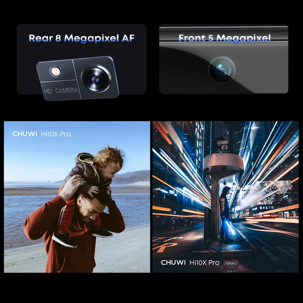 Collage of two cameras marked 8MP and 5MP, and two photos: one showing a child on a man's shoulders at the beach, and another of a person amidst city lights. Text reads "CHUWI Hi10X Pro."