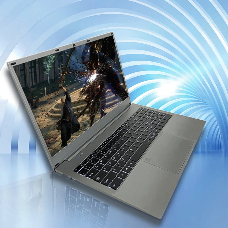 Open silver laptop displaying an action video game scene against a blue, swirling background. The laptop's design is sleek, with a visible keyboard and wide screen.