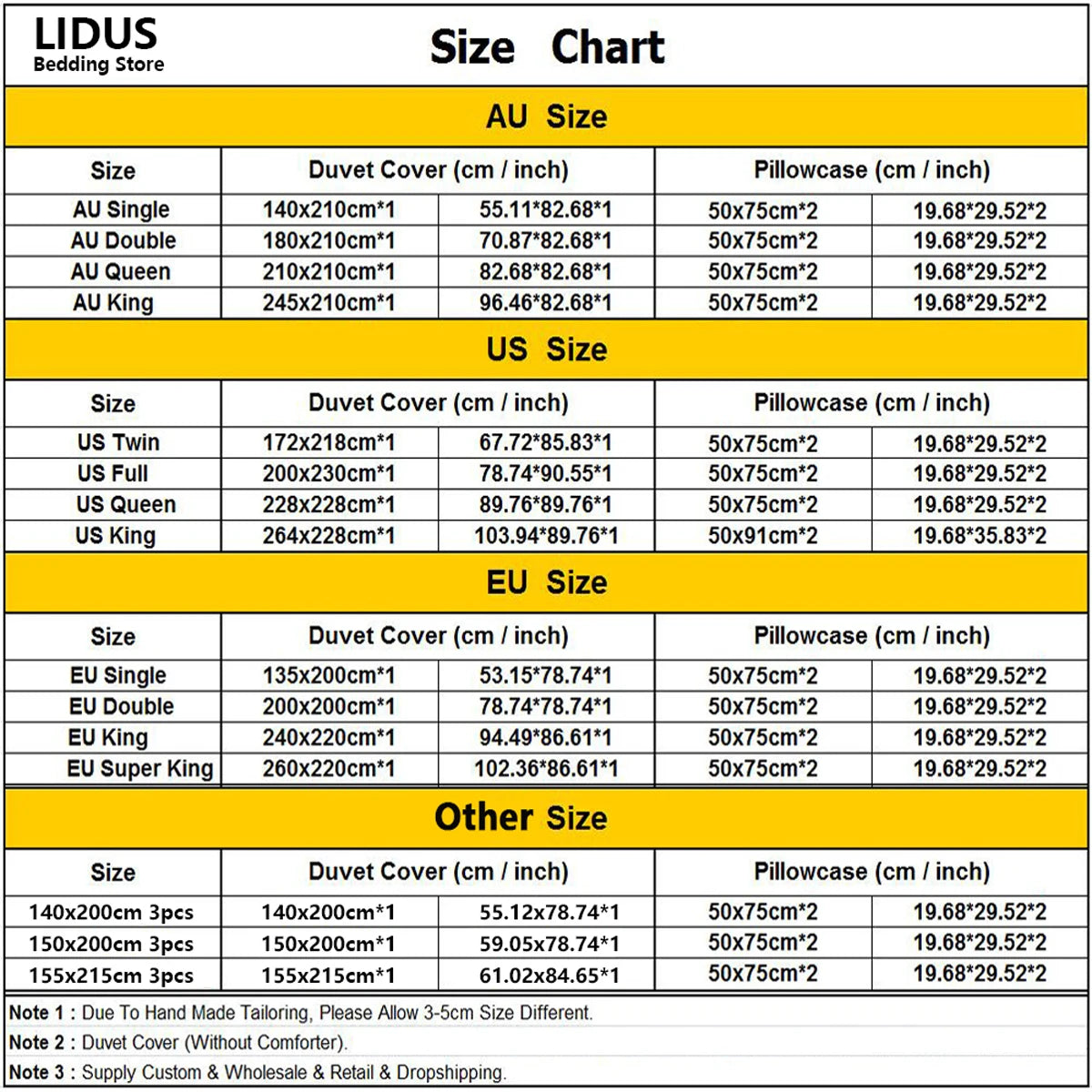 Size chart for bedding from LIDUS Bedding Store. Includes duvet and pillowcase dimensions for AU, US, EU, and Other sizes, with measurements in both centimeters and inches.