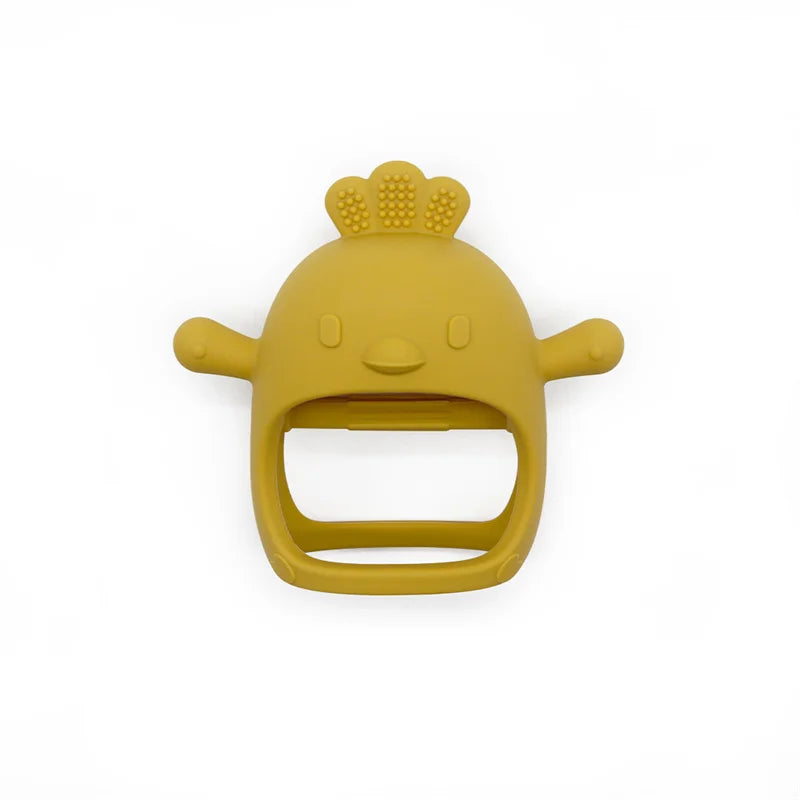 Yellow silicone chicken-shaped teether with a textured comb, round eyes, a small beak, and outstretched arms. The open-mouth design creates a handle.