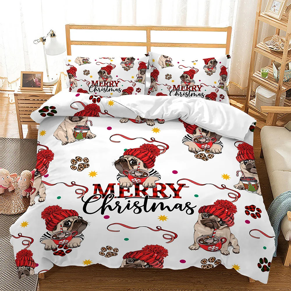 Festive bedding set featuring pugs in red hats and striped shirts, holding gifts and cocoa, with "Merry Christmas" text surrounded by colorful dots and paw prints.