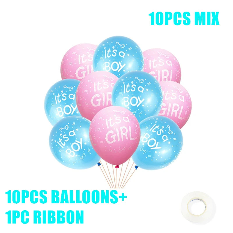 Blue "It's a Boy" and pink "It's a Girl" balloons, mix of 10, with ribbon shown. Perfect for gender reveal celebrations. Text reads: "10PCS BALLOONS + 1PC RIBBON."