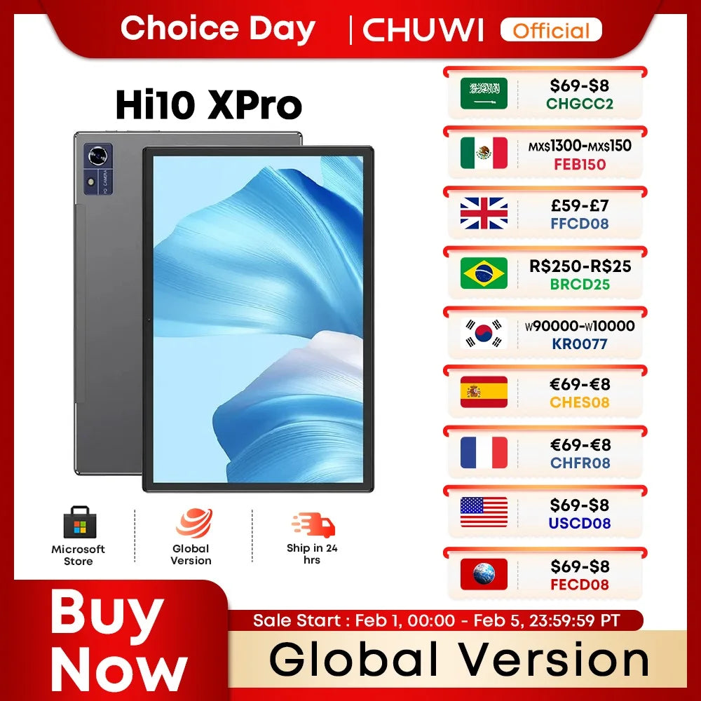 Red and white promotional image for the CHUWI Hi10 XPro tablet, showcasing a discount offer with various country codes. Features include global version and 24-hour shipping.