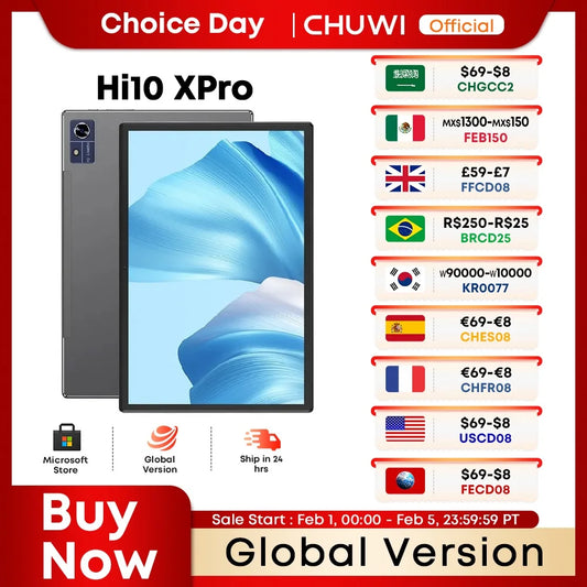 Red and white promotional image for the CHUWI Hi10 XPro tablet, showcasing a discount offer with various country codes. Features include global version and 24-hour shipping.
