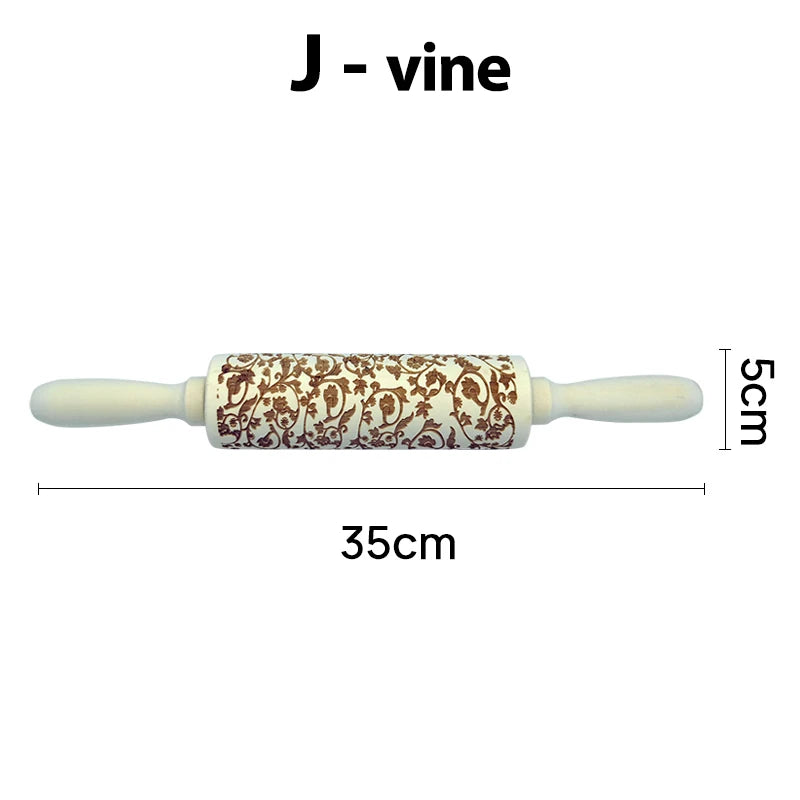 Decorative rolling pin with a vine pattern, measuring 35cm in length and 5cm in height.