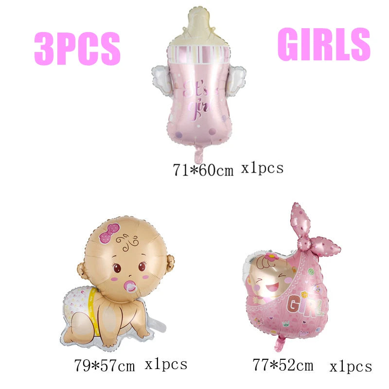 Three pink baby-themed foil balloons, including a bottle with "It's a girl", a crawling baby, and a baby in a blanket labeled "Girl", with dimensions noted below each.