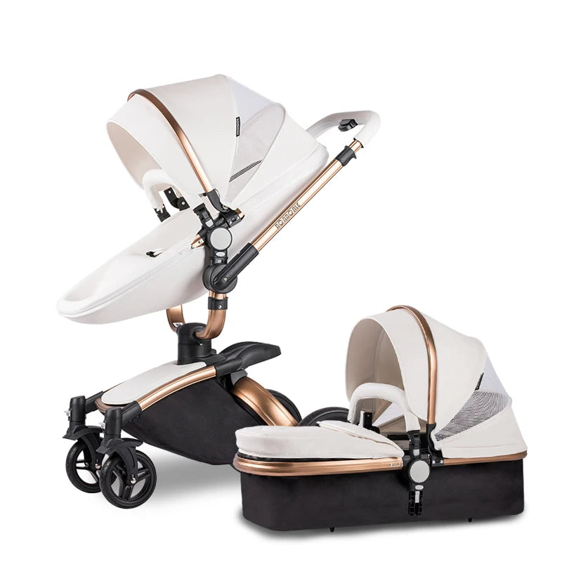 Modern stroller set with two seats. Features sleek design in white and gold tones, black base, and swivel wheels. Includes bassinet and reclined seat, ideal for infants.
