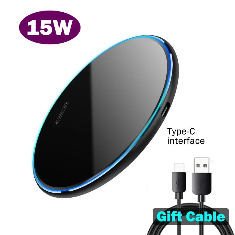 "Round 15W wireless charger with blue LED edge and Type-C interface. Includes a bonus USB to Type-C cable labeled 'Gift Cable' at the bottom right."