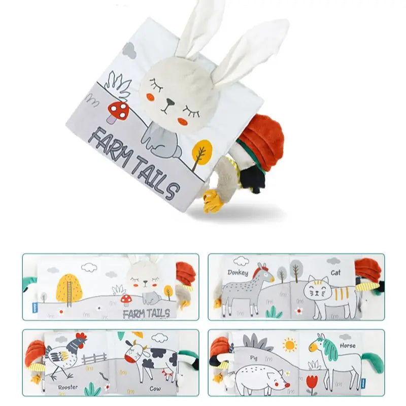 Soft baby book titled "Farm Tails" with an illustrated rabbit on the cover. Includes interactive farm animal pages showing tails of a donkey, cat, rooster, cow, pig, and horse.