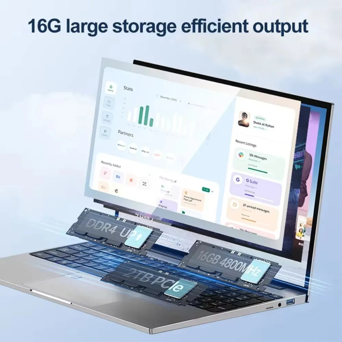 Laptop with floating components showcasing features: DDR4 upgrade, 16GB 4800 MHz RAM, and 1TB PCIe storage. Screen displays a dashboard and the text "16G large storage efficient output."
