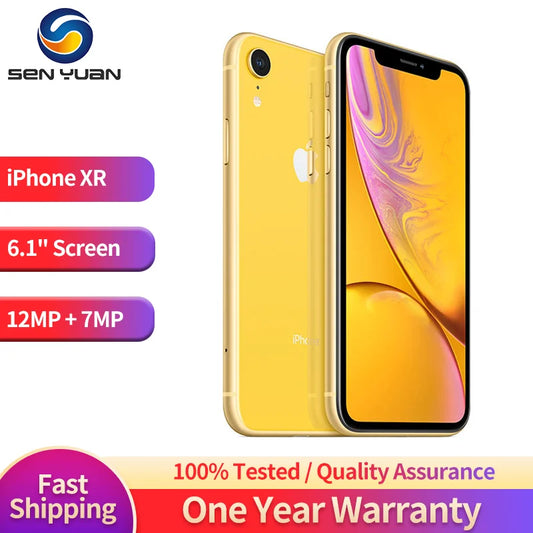 Yellow iPhone XR with 6.1" screen, 12MP + 7MP cameras. Features fast shipping, one-year warranty, and quality assurance. Brand logo "Sen Yuan" at the top left.