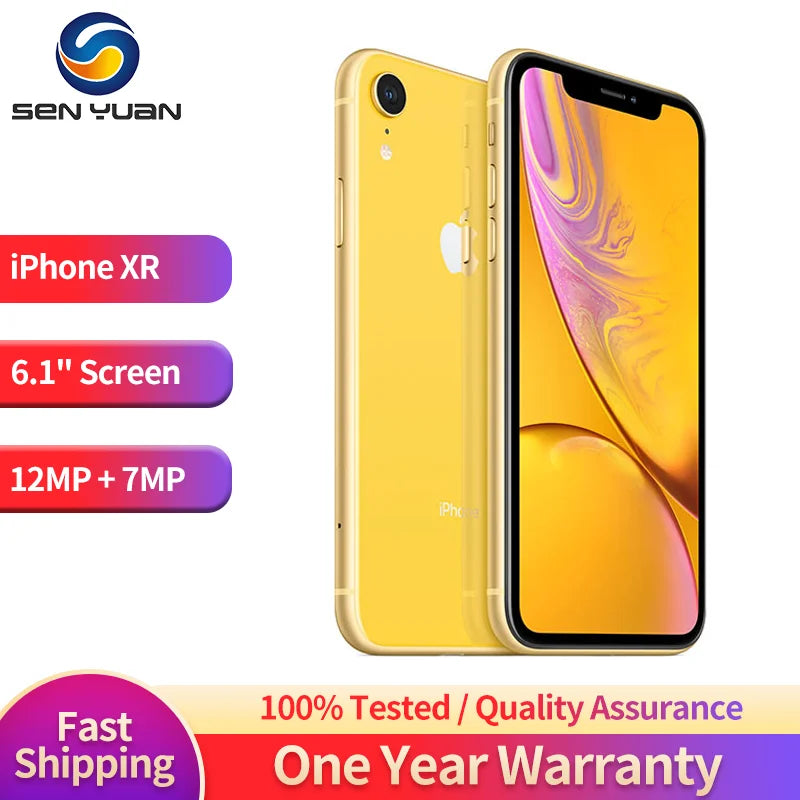 Yellow smartphone with a 6.1-inch screen, featuring 12MP rear and 7MP front cameras. Includes fast shipping, one-year warranty, and quality assurance by Sen Yuan.