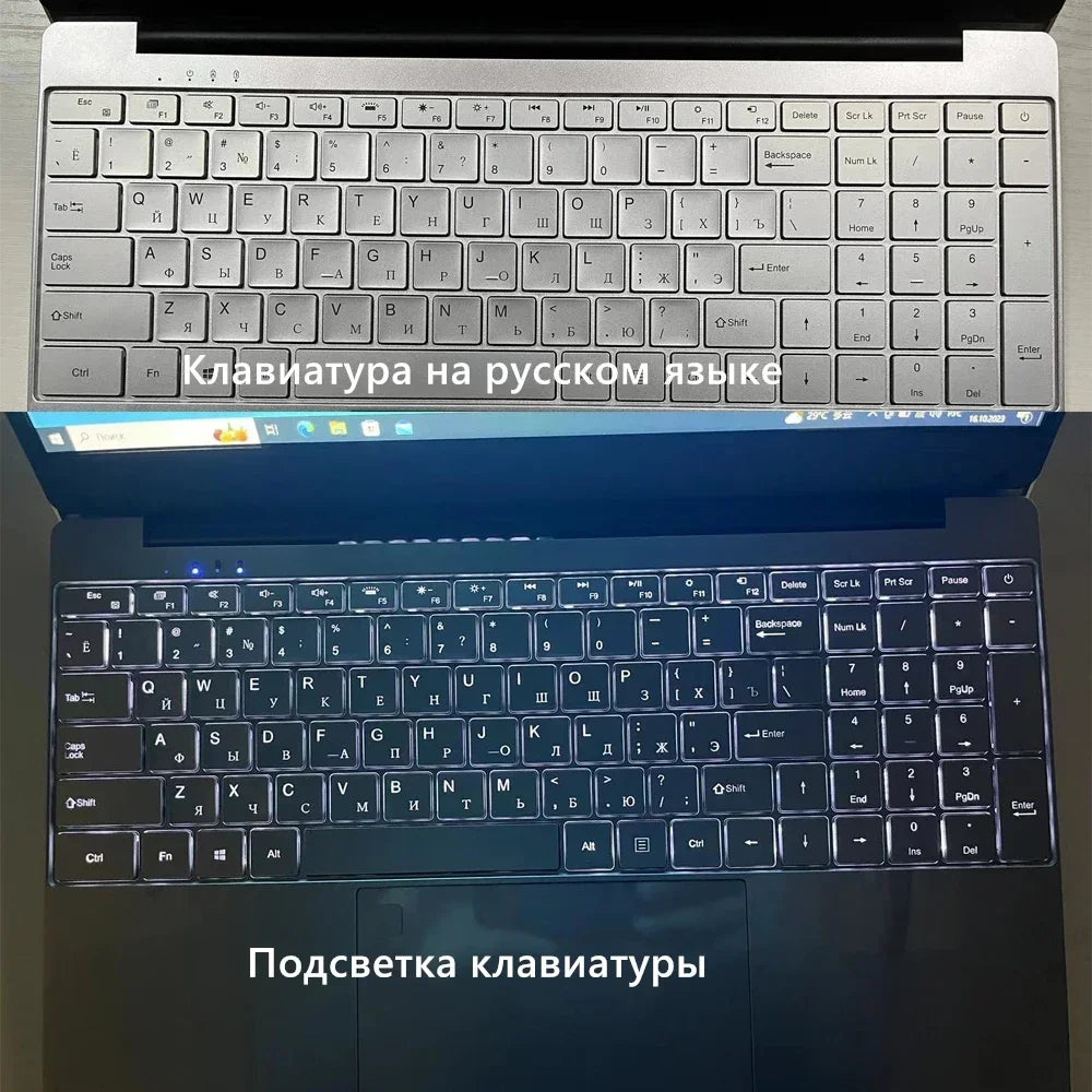 Two images of a laptop keyboard: the top shows a Russian layout in daylight, the bottom displays the same keyboard with backlighting in a dark setting.