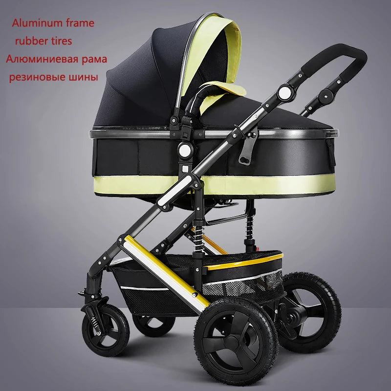 A modern black and yellow baby stroller with an aluminum frame and rubber tires, featuring a protective bassinet and adjustable handlebar against a gray background.