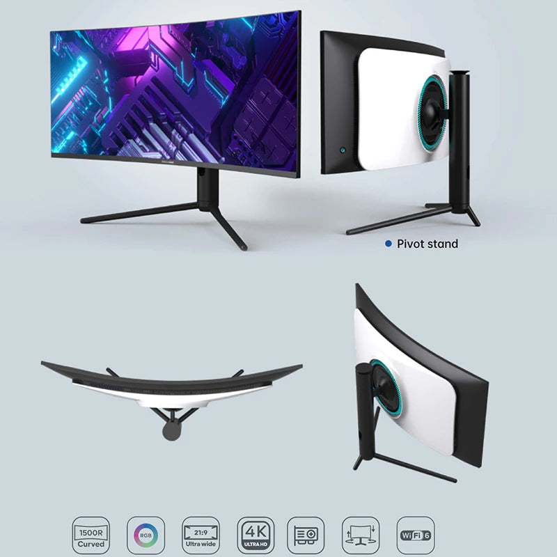 Curved ultra-wide monitor with a pivot stand. Display features RGB, 4K Ultra HD, and 21:9 aspect ratio. Includes side and top views, showing design and connectivity icons.