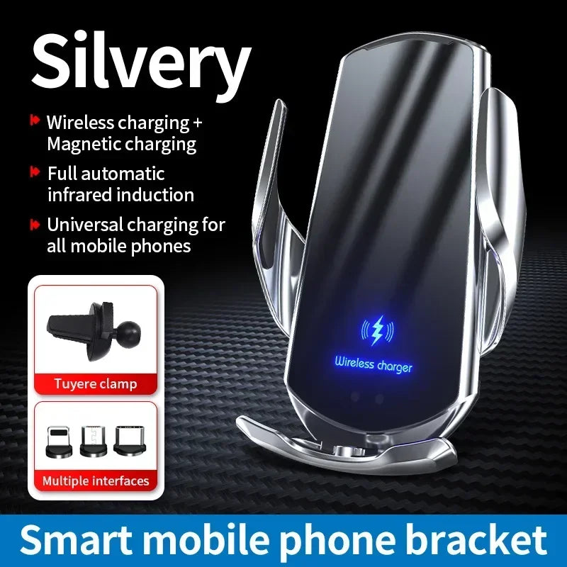 Silvery smart mobile phone bracket with wireless and magnetic charging, automatic infrared induction, and universal compatibility. Features tuyer clamp and multiple interfaces.