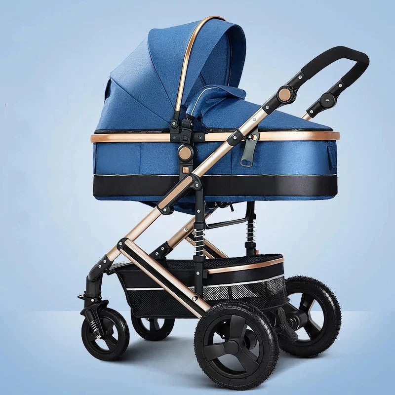 Blue baby stroller with golden frame and black accents, featuring a curved sunshade, adjustable handle, and mesh storage basket, set against a light blue background.