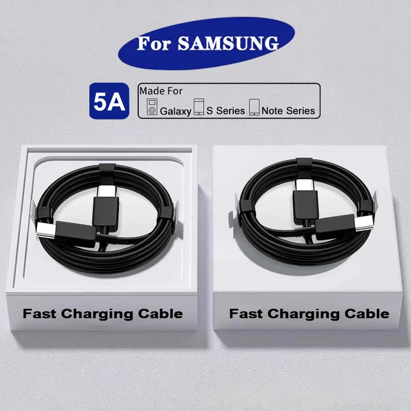 Two black fast charging cables in white boxes, labeled for Samsung Galaxy S, and Note series. Features 5A compatibility. Text overlay: "For Samsung" with device icons.